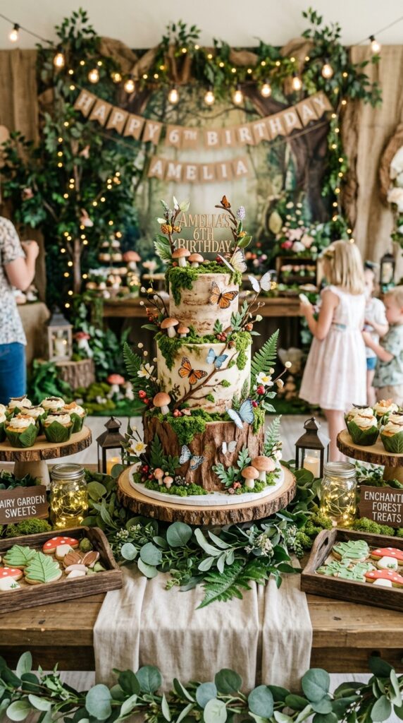 Enchanted forest birthday cake with greenery and magical woodland themed decorations
