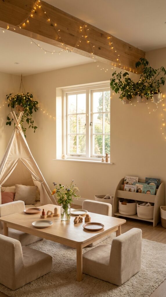 Room decorated with fairy lights for Stranger Things party
