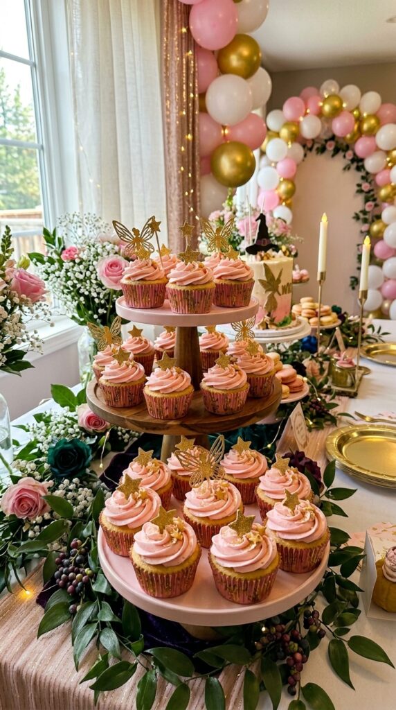 Gold star fairy cupcakes for magical Wicked birthday party desserts.