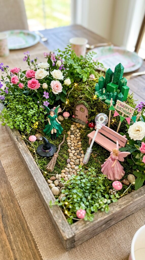 Fairy garden centerpiece for a Wicked-inspired birthday celebration.