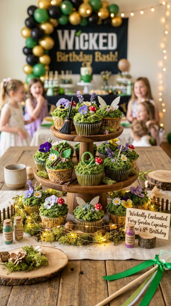 Fairy garden cupcakes for a magical Wicked-themed birthday celebration.