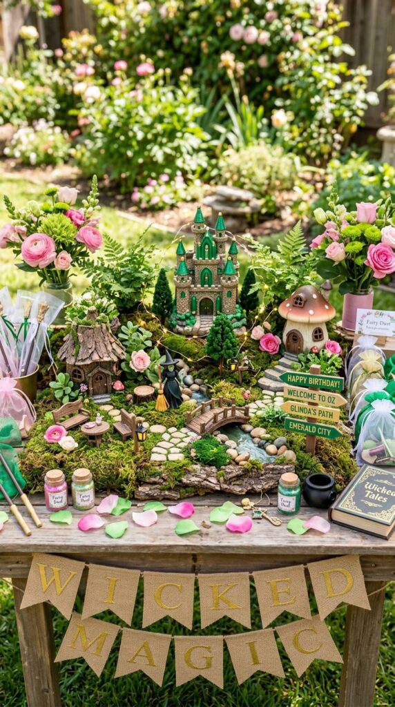 Fairy garden table display for magical Wicked birthday party decor.