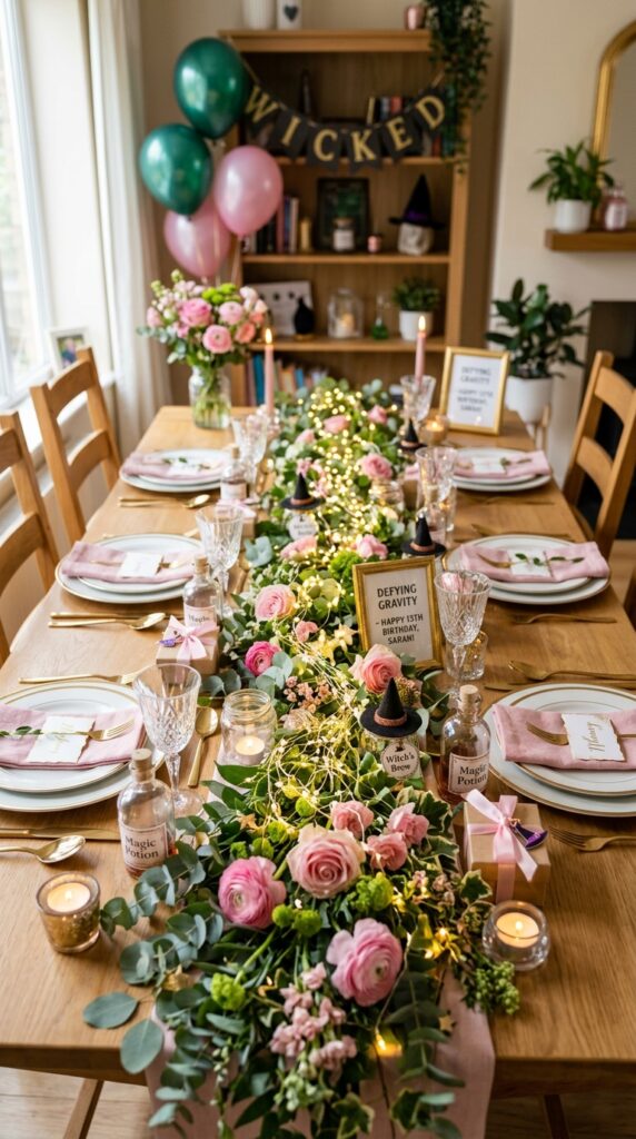 Fairy light dining table setup for magical Wicked birthday party decor.