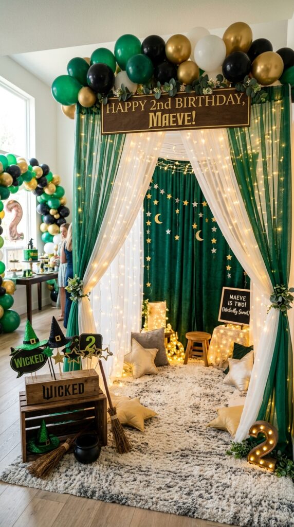 Elegant Wicked-themed tea party table for a toddler birthday celebration