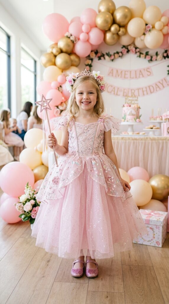 Glinda fairy princess birthday outfit with sparkly pink party fashion.