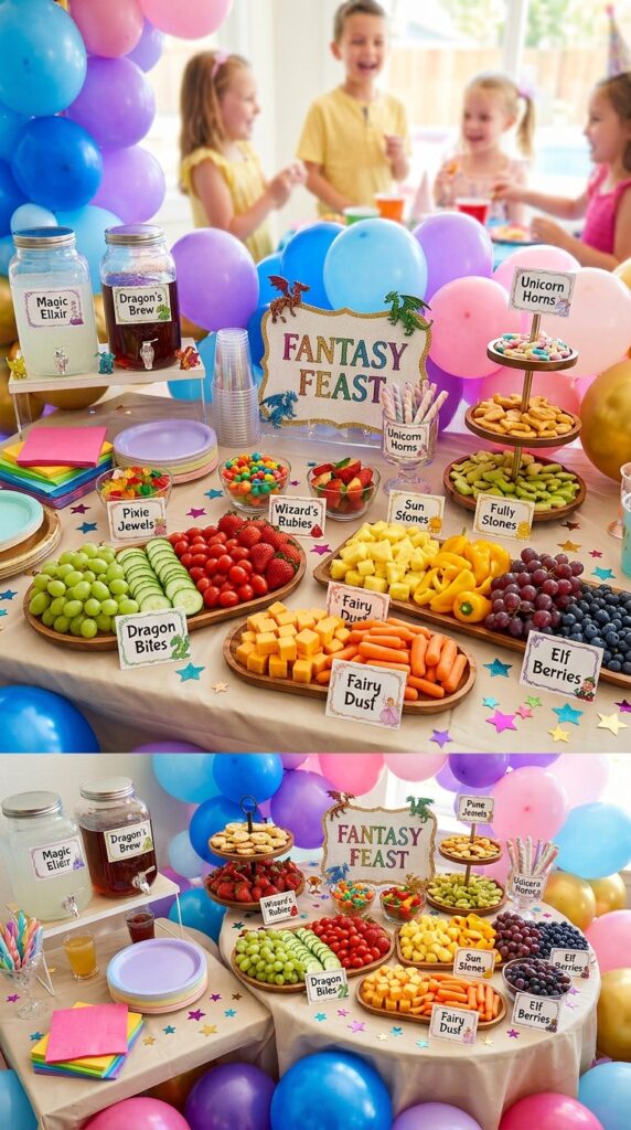 Fantasy-themed snack table setup for a colorful birthday party.