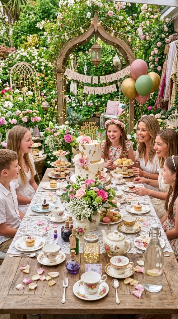 Fantasy tea party table with magical wicked birthday themed decorations.