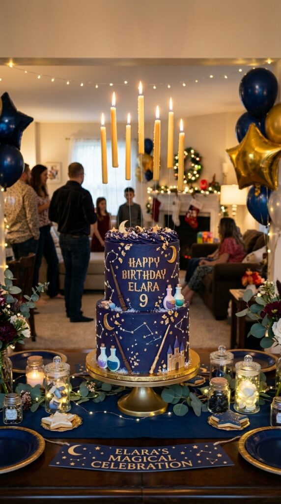 Floating candle birthday cake with magical fantasy themed party decorations.Black and Gold Glam Cake