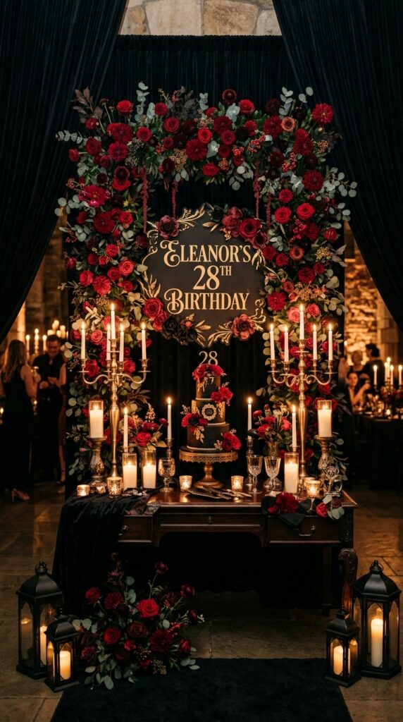 Dark floral birthday party backdrop with romantic gothic decor
