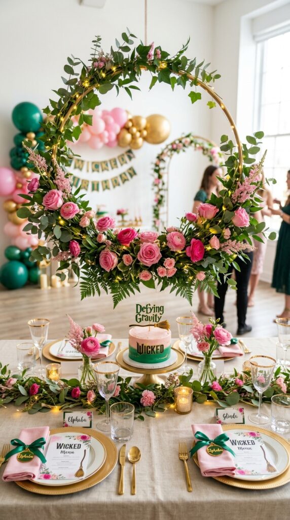 Floral hoop decor for elegant Wicked birthday party table styling.