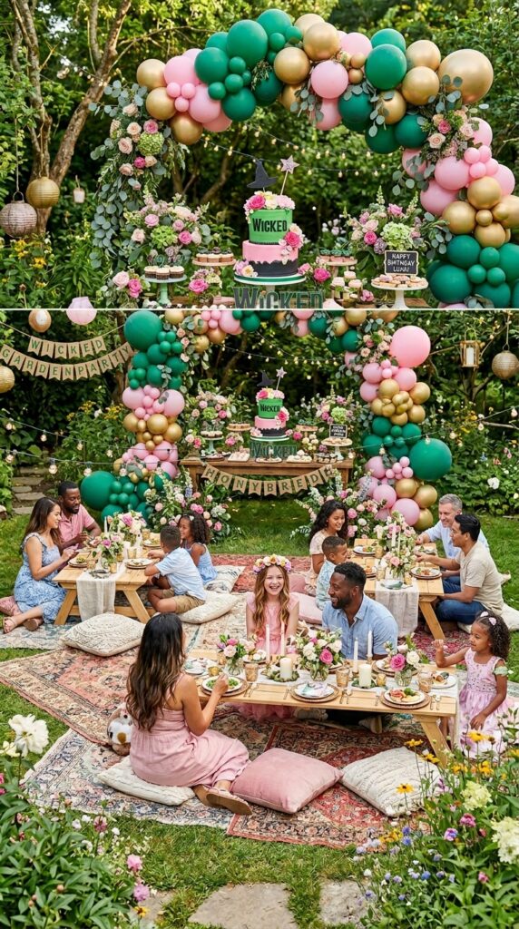 Outdoor Wicked-themed second birthday garden party setup.