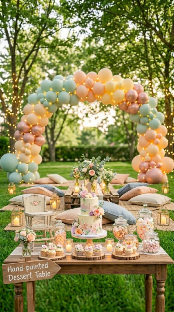 Outdoor garden setup for a Wicked-themed first birthday celebration.
