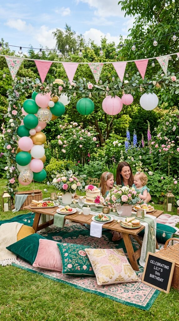 Emerald garden picnic birthday setup with magical wicked themed decorations.