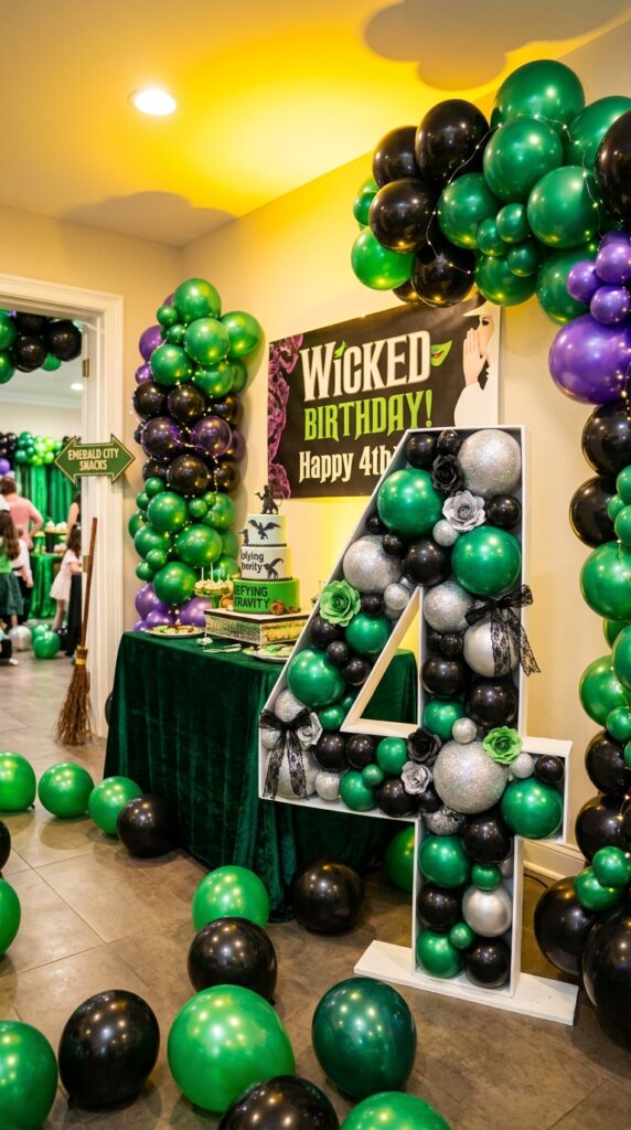 Large decorative number four setup for a Wicked birthday party.