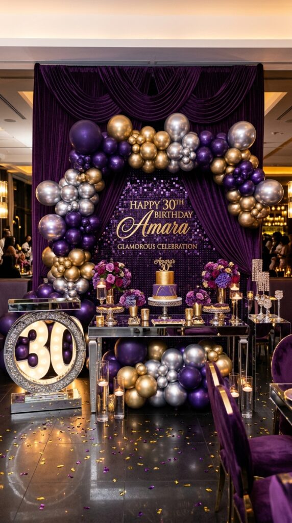 Dark purple glam birthday backdrop with metallic decorations and balloons.