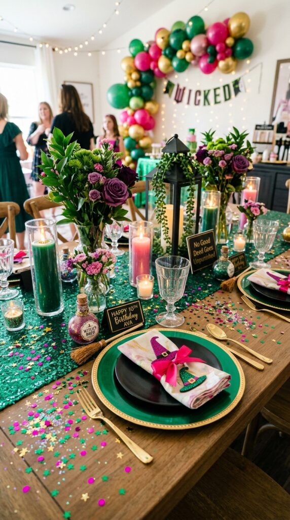 Glitter confetti styling for magical Wicked birthday party table decor.