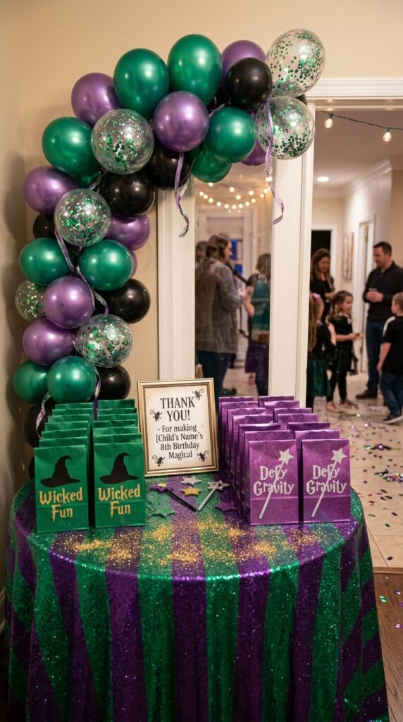 Glittery Wicked-themed party favor table for kids birthday guests.