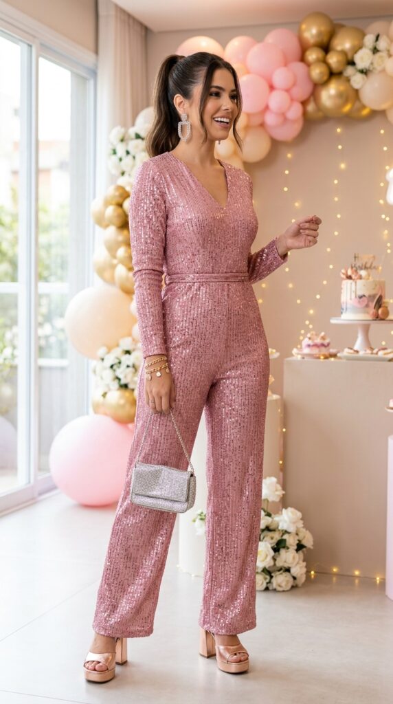 Glitter pink jumpsuit outfit for fashionable Wicked birthday celebration.