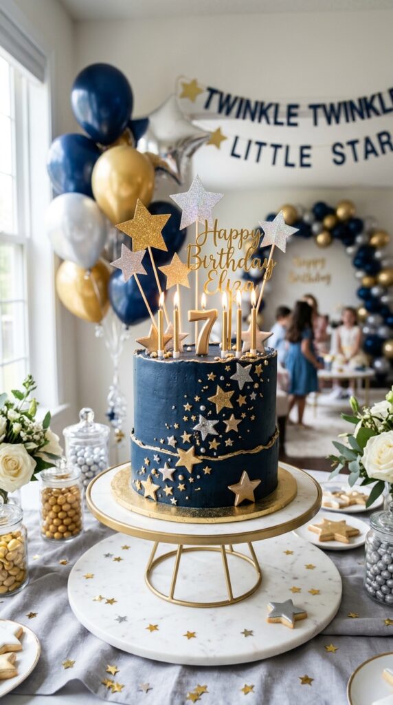 Glitter star birthday cake with magical themed decorations and sparkling dessert table setup.