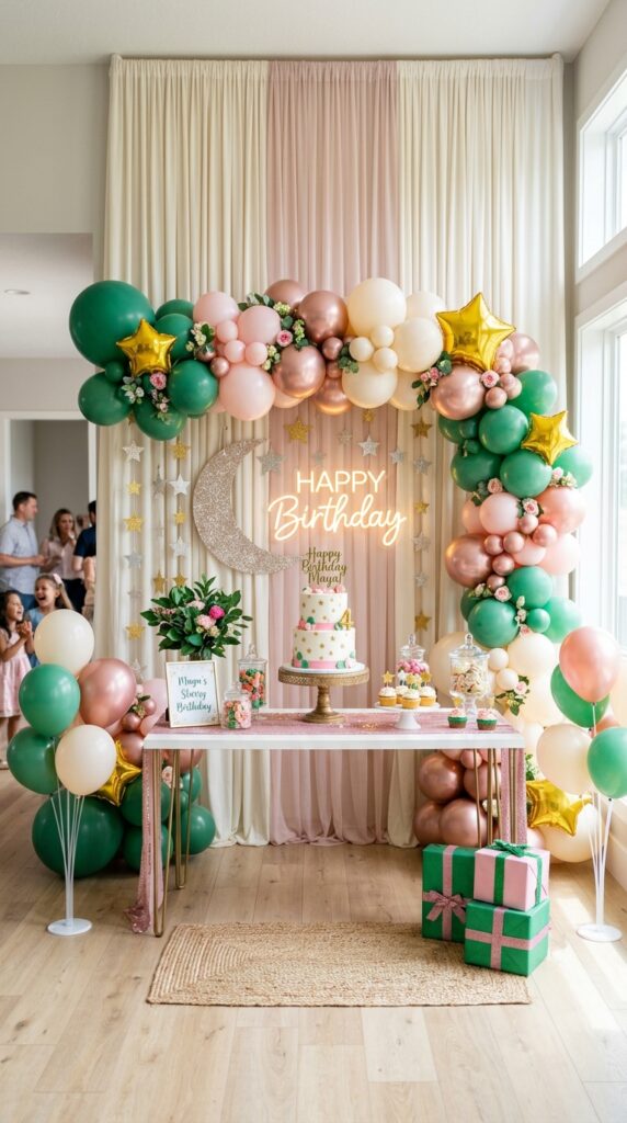 Glitter star birthday party backdrop with magical wicked themed decorations.