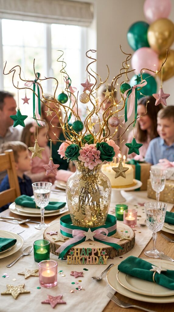 Glitter star vase centerpiece with emerald and pink birthday decorations.