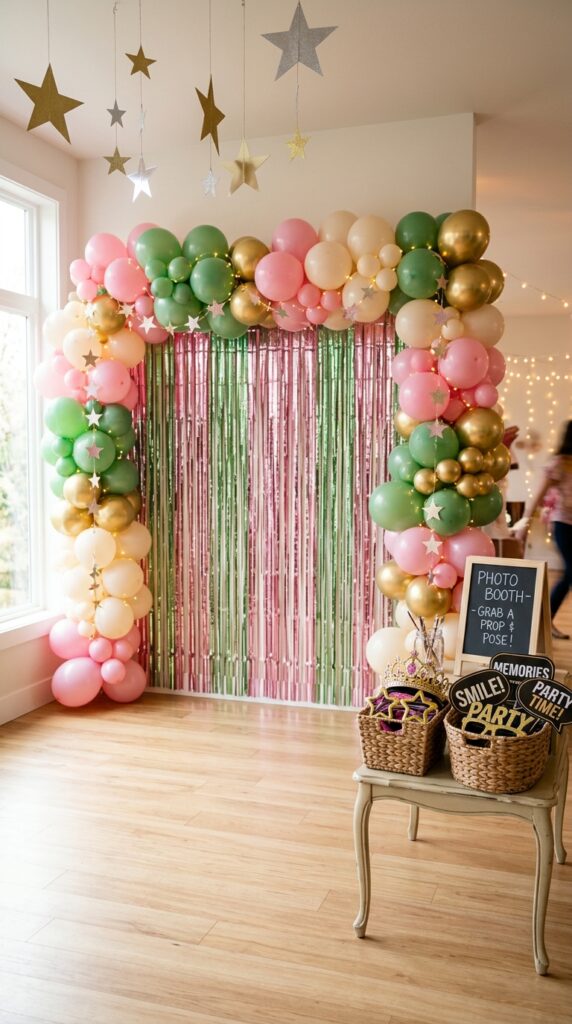 Wicked-themed glitter photo booth setup for a colorful birthday celebration.