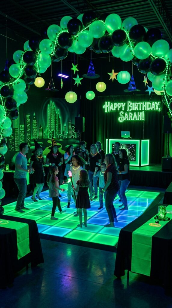 : Glow-in-the-dark Wicked birthday dance area with neon lighting