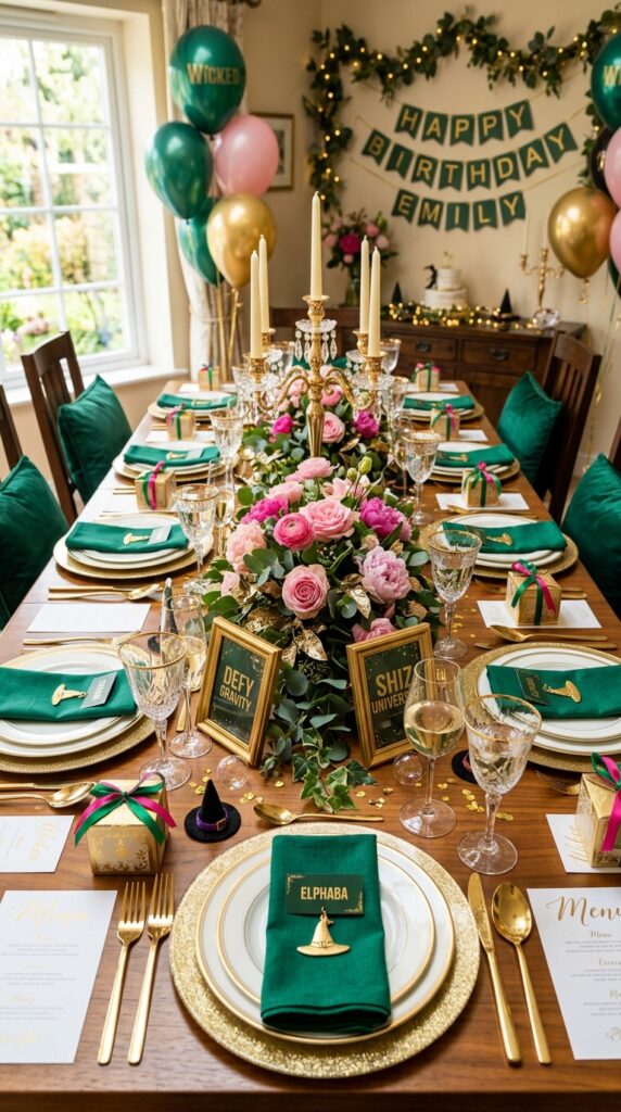 Gold-rimmed dinner table setup for Wicked birthday party styling.
