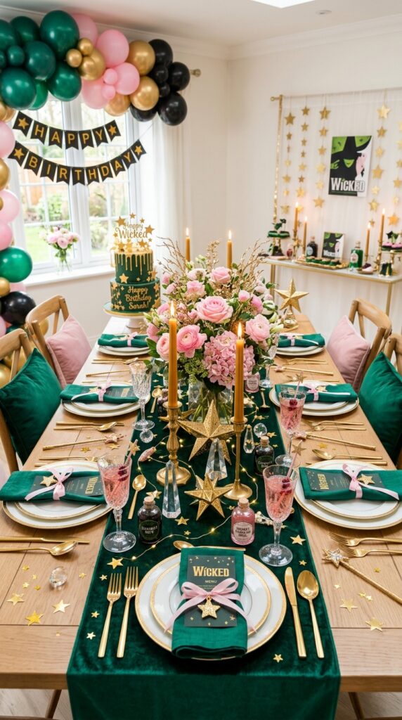 Gold star Wicked birthday party table styling with magical decorations.