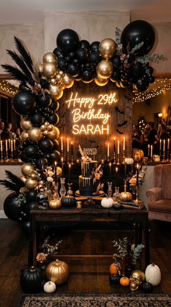 Halloween chic birthday backdrop with pumpkins and black balloons.