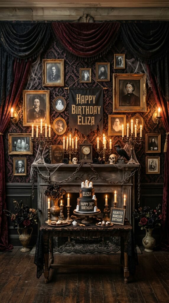 Haunted mansion birthday backdrop with vintage gothic decorations.