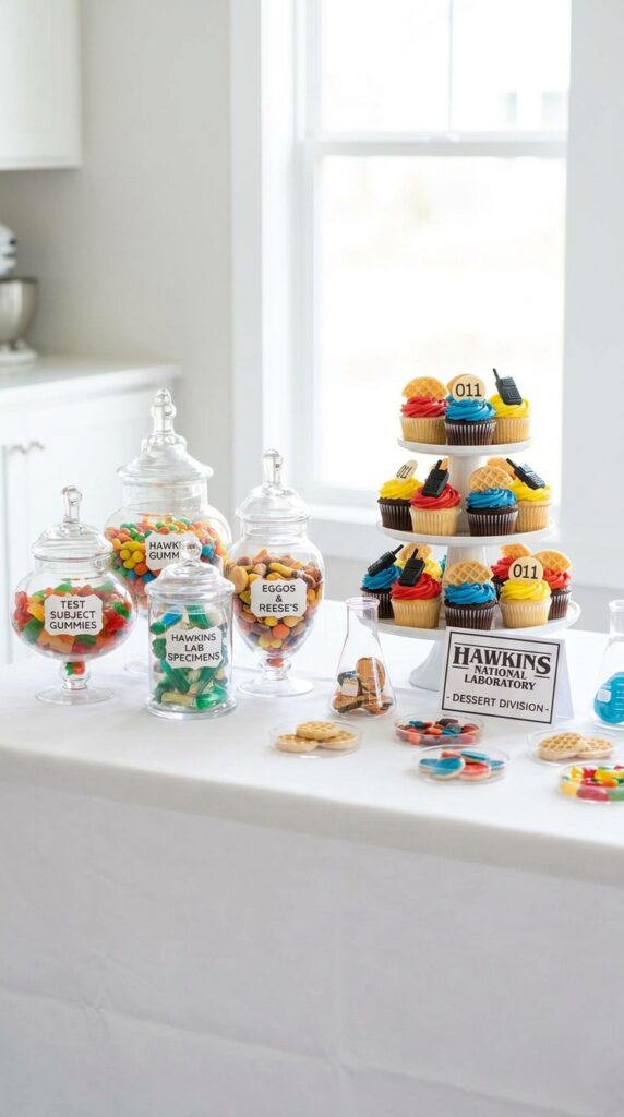 Hawkins lab themed dessert table for kids birthday party