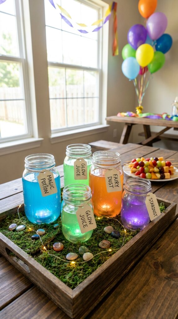 Hawkins Lab jar centerpiece with glowing colored liquids on party table