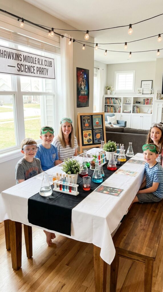 Hawkins Lab themed science party setup for kids with beakers, colored water, and lab signage