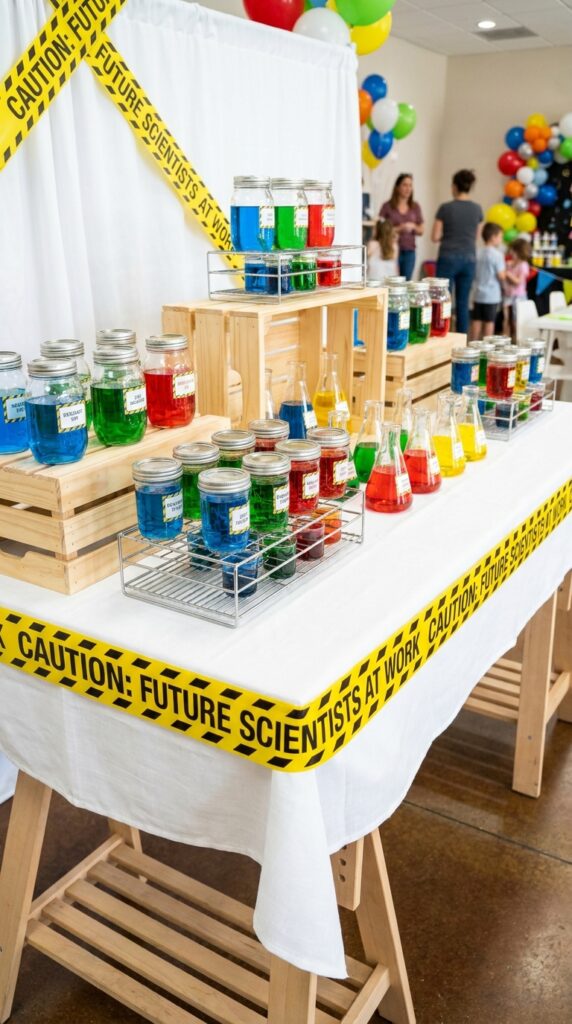 Hawkins lab themed birthday party table with science decor