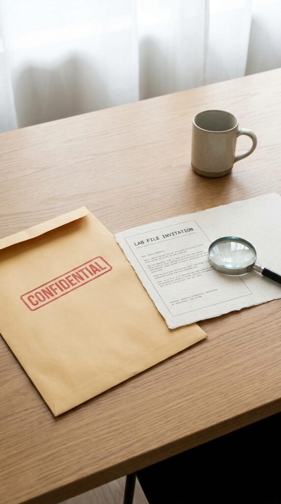 Hawkins Lab confidential file style birthday invitation inside a manila envelope with stamped confidential marking