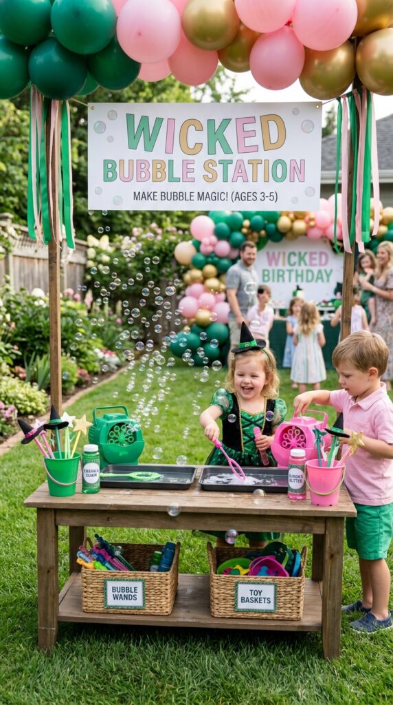 Bubble play station at a Wicked-themed second birthday celebration.