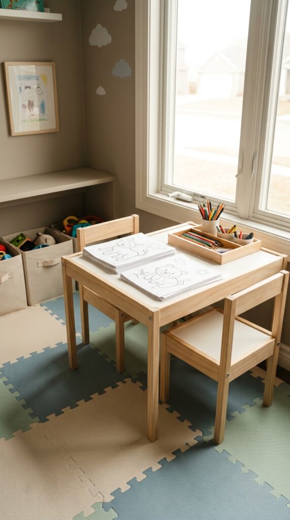 Kids activity corner with coloring setup and small furniture