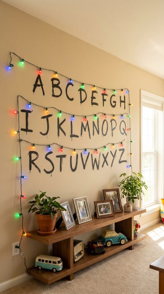 Alphabet wall with string lights for message decoding game at party