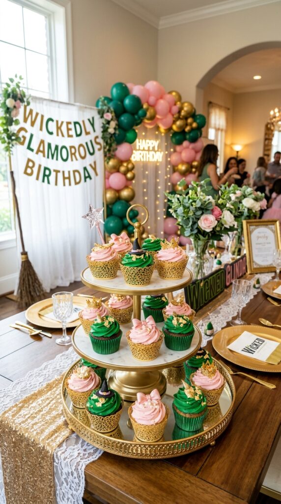 Gold leaf luxury cupcakes for Wicked-inspired birthday dessert styling.