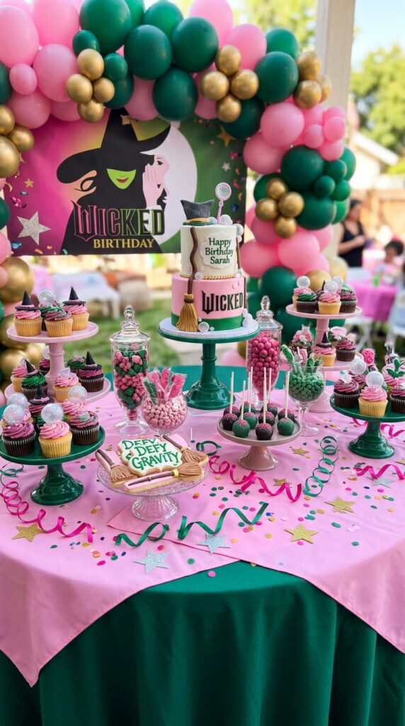Wicked-themed dessert table with colorful sweets and magical decorations.