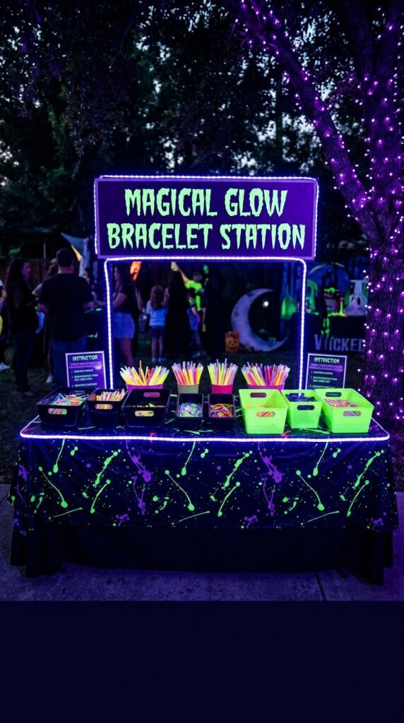 Glow bracelet activity station at a wicked birthday party.