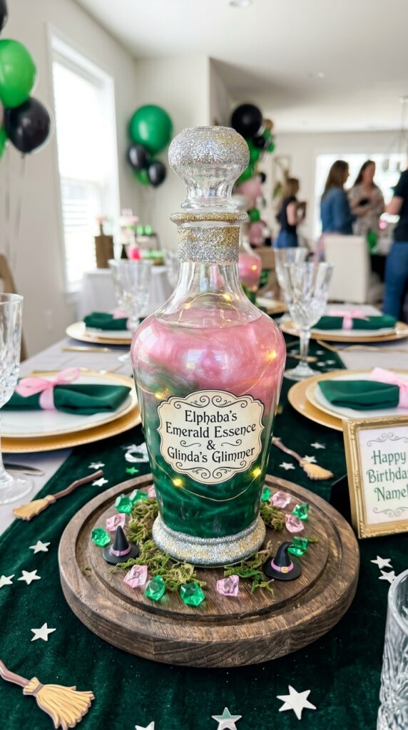 Magical potion bottle centerpiece for a Wicked-themed birthday celebration.