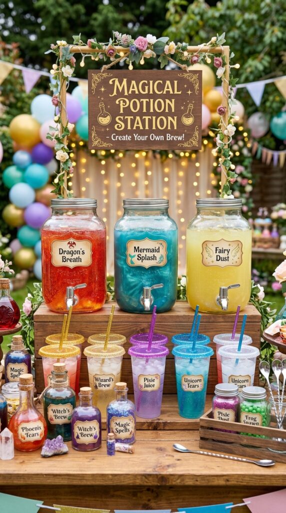 Magical potion drink station for a wicked themed birthday party celebration.