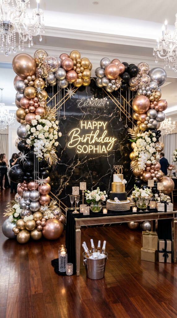 Black marble birthday backdrop with metallic glam party decorations.