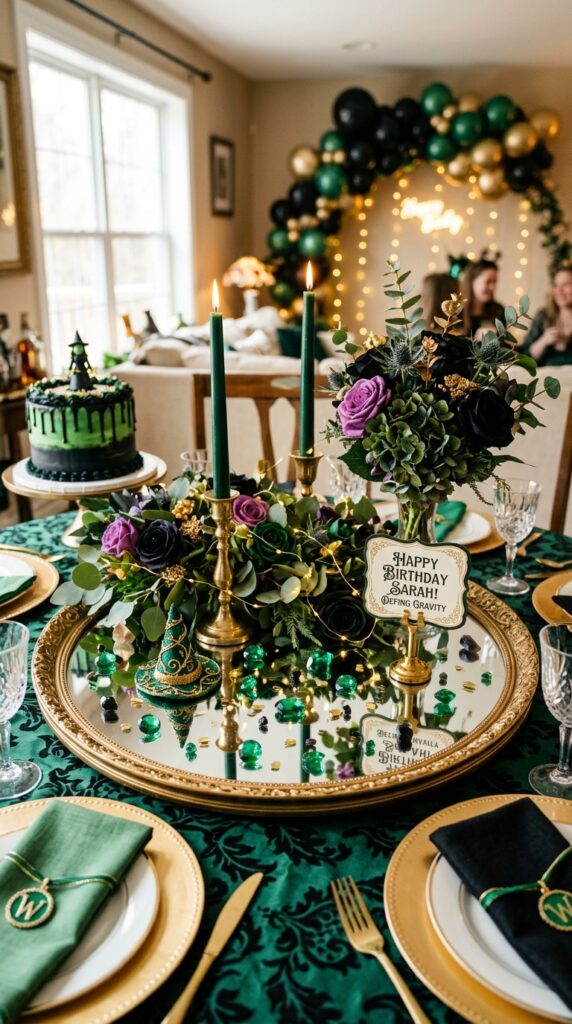 Mirror tray centerpiece with magical Wicked-themed birthday decorations.
