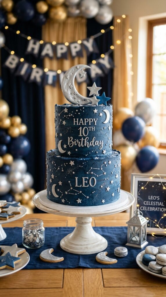 Moon and stars themed birthday cake with celestial magical party decorations.