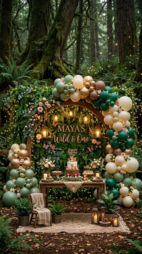 Mystical forest birthday backdrop with greenery and fairy lights.