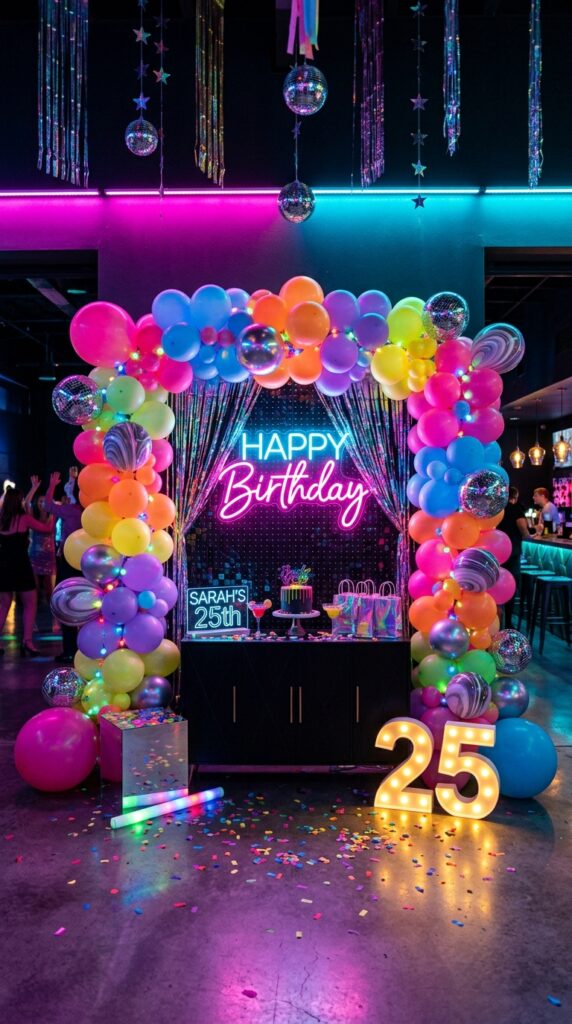 Neon glow birthday party backdrop with colorful balloons and LED lighting.