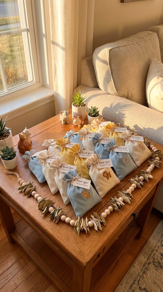 Party favor table with themed gift bags